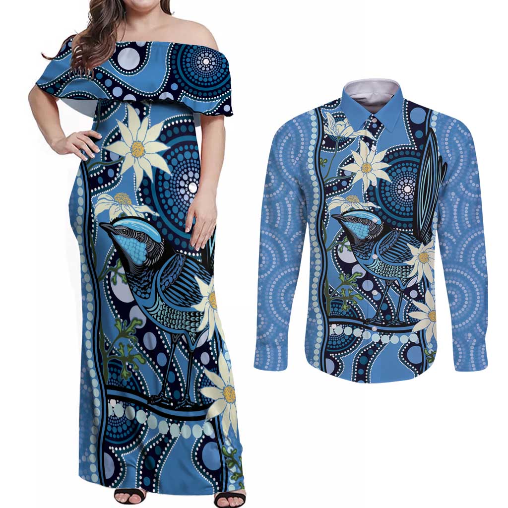 Australia Flannel Flower With Superb Fairy-wren Couples Matching Off Shoulder Maxi Dress and Long Sleeve Button Shirt Aboriginal Art