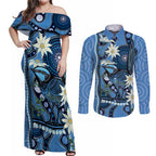 Australia Flannel Flower With Superb Fairy-wren Couples Matching Off Shoulder Maxi Dress and Long Sleeve Button Shirt Aboriginal Art