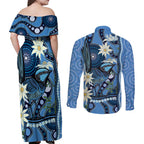 Australia Flannel Flower With Superb Fairy-wren Couples Matching Off Shoulder Maxi Dress and Long Sleeve Button Shirt Aboriginal Art