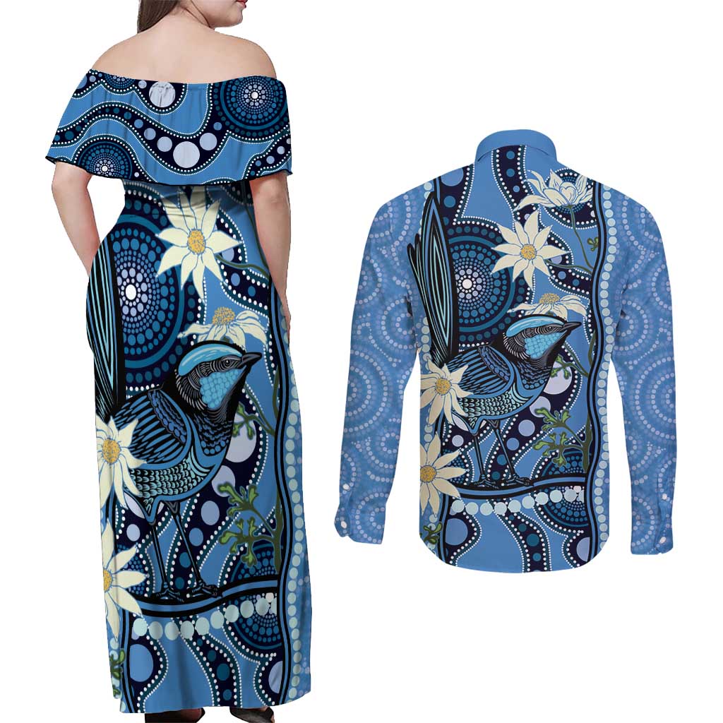 Australia Flannel Flower With Superb Fairy-wren Couples Matching Off Shoulder Maxi Dress and Long Sleeve Button Shirt Aboriginal Art