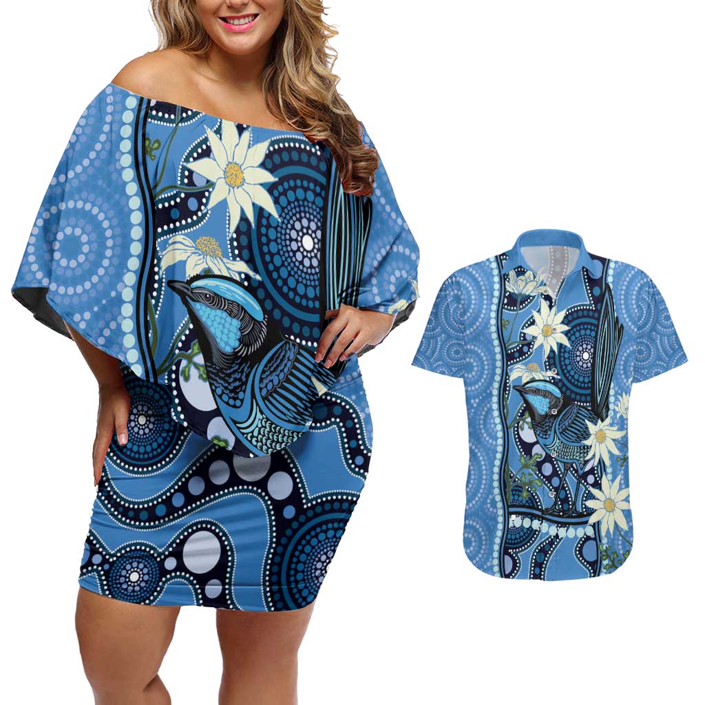 Australia Flannel Flower With Superb Fairy-wren Couples Matching Off Shoulder Short Dress and Hawaiian Shirt Aboriginal Art