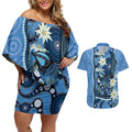 Australia Flannel Flower With Superb Fairy-wren Couples Matching Off Shoulder Short Dress and Hawaiian Shirt Aboriginal Art