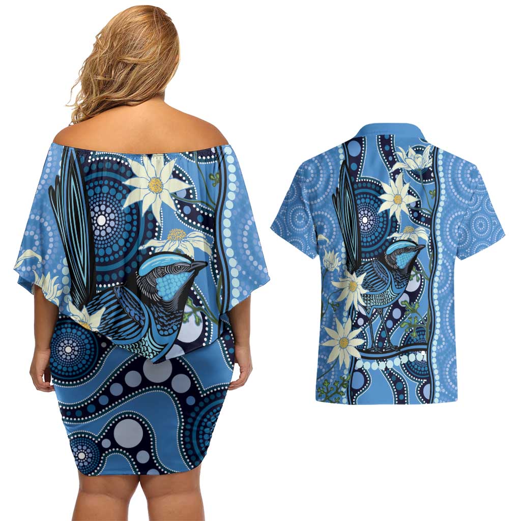 Australia Flannel Flower With Superb Fairy-wren Couples Matching Off Shoulder Short Dress and Hawaiian Shirt Aboriginal Art