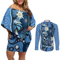 Australia Flannel Flower With Superb Fairy-wren Couples Matching Off Shoulder Short Dress and Long Sleeve Button Shirt Aboriginal Art