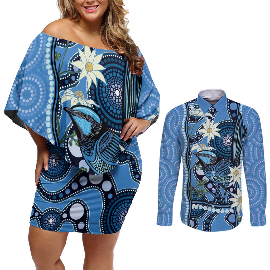 Australia Flannel Flower With Superb Fairy-wren Couples Matching Off Shoulder Short Dress and Long Sleeve Button Shirt Aboriginal Art