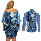 Australia Flannel Flower With Superb Fairy-wren Couples Matching Off Shoulder Short Dress and Long Sleeve Button Shirt Aboriginal Art