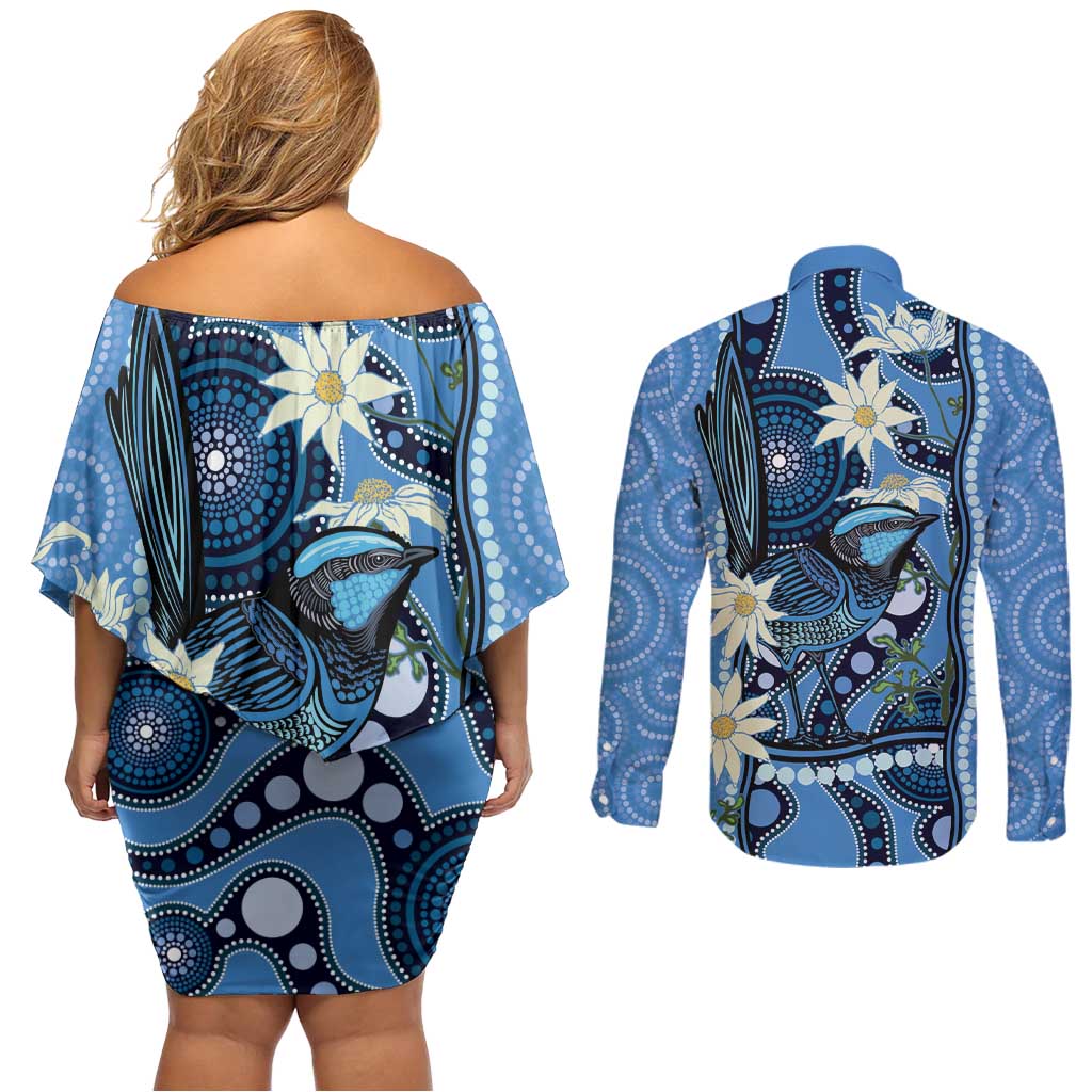 Australia Flannel Flower With Superb Fairy-wren Couples Matching Off Shoulder Short Dress and Long Sleeve Button Shirt Aboriginal Art