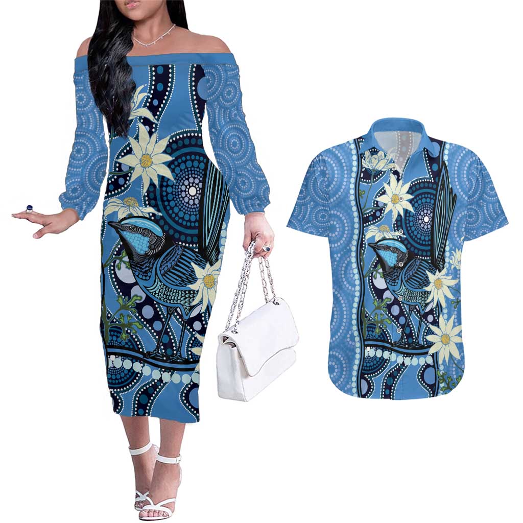 Australia Flannel Flower With Superb Fairy-wren Couples Matching Off The Shoulder Long Sleeve Dress and Hawaiian Shirt Aboriginal Art