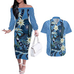 Australia Flannel Flower With Superb Fairy-wren Couples Matching Off The Shoulder Long Sleeve Dress and Hawaiian Shirt Aboriginal Art