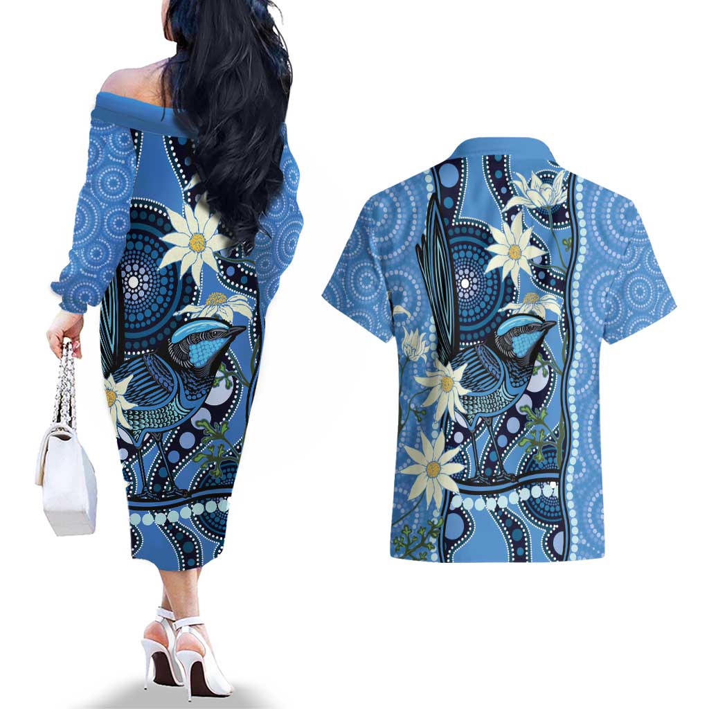 Australia Flannel Flower With Superb Fairy-wren Couples Matching Off The Shoulder Long Sleeve Dress and Hawaiian Shirt Aboriginal Art