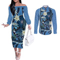 Australia Flannel Flower With Superb Fairy-wren Couples Matching Off The Shoulder Long Sleeve Dress and Long Sleeve Button Shirt Aboriginal Art