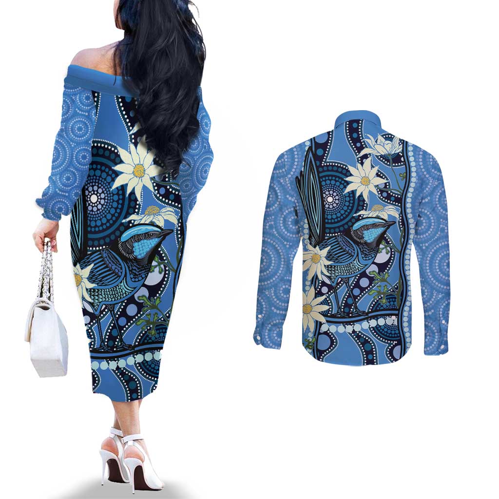 Australia Flannel Flower With Superb Fairy-wren Couples Matching Off The Shoulder Long Sleeve Dress and Long Sleeve Button Shirt Aboriginal Art