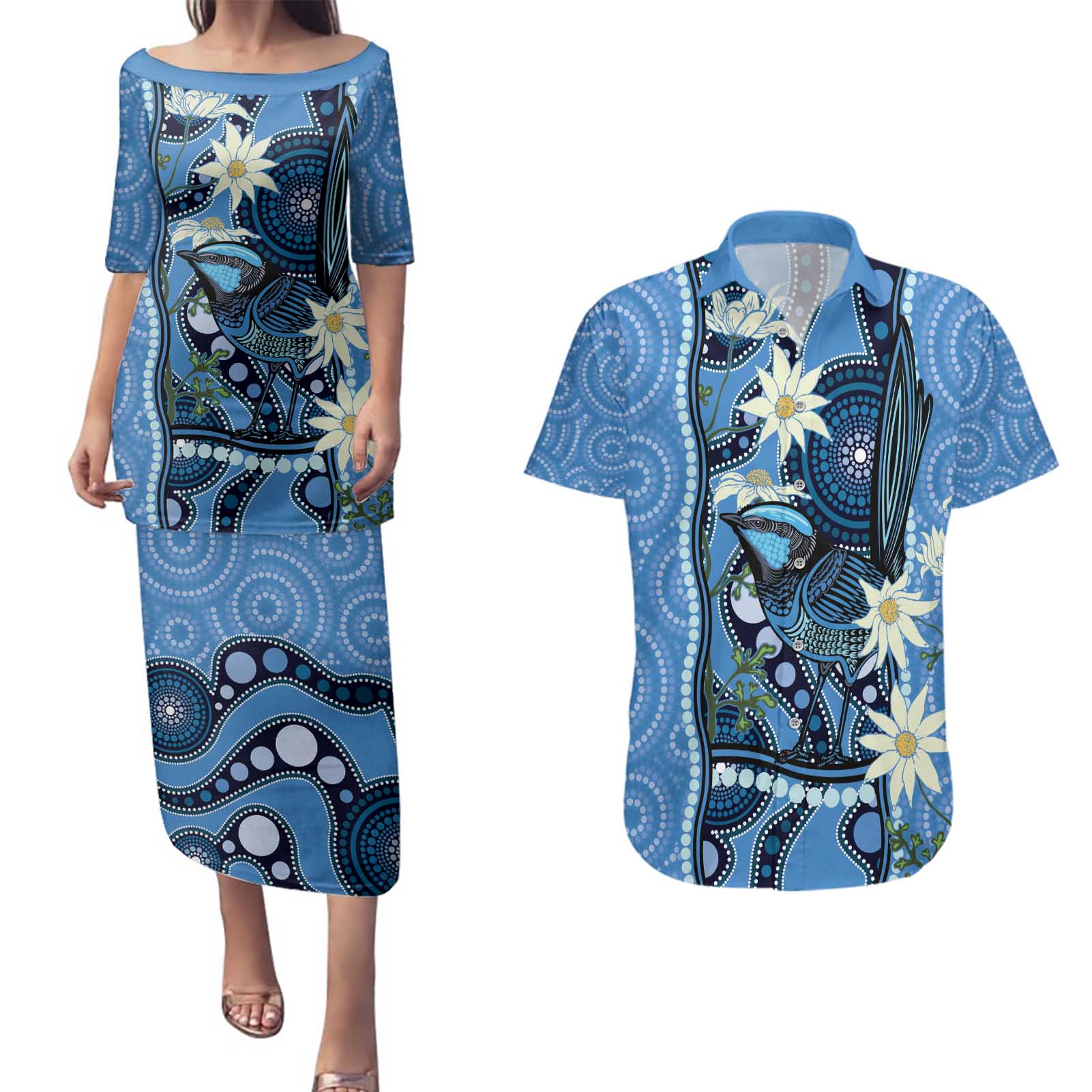 Australia Flannel Flower With Superb Fairy-wren Couples Matching Puletasi and Hawaiian Shirt Aboriginal Art