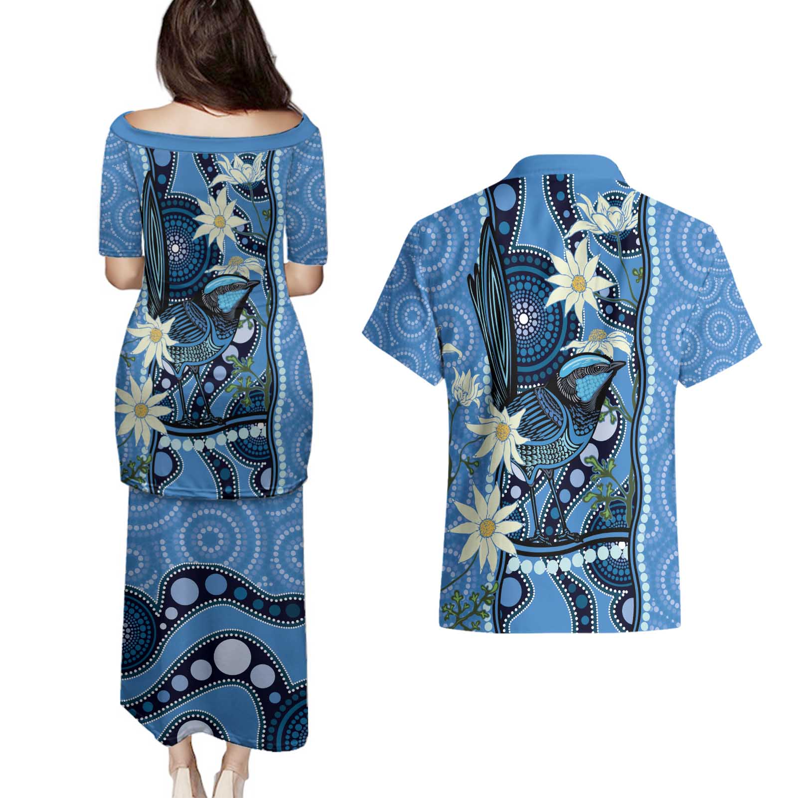Australia Flannel Flower With Superb Fairy-wren Couples Matching Puletasi and Hawaiian Shirt Aboriginal Art