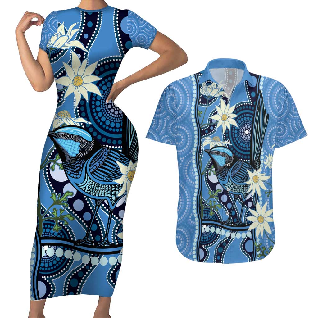 Australia Flannel Flower With Superb Fairy-wren Couples Matching Short Sleeve Bodycon Dress and Hawaiian Shirt Aboriginal Art