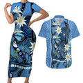 Australia Flannel Flower With Superb Fairy-wren Couples Matching Short Sleeve Bodycon Dress and Hawaiian Shirt Aboriginal Art