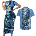 Australia Flannel Flower With Superb Fairy-wren Couples Matching Short Sleeve Bodycon Dress and Hawaiian Shirt Aboriginal Art
