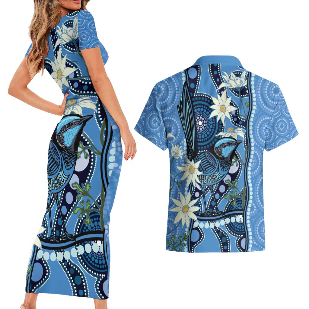 Australia Flannel Flower With Superb Fairy-wren Couples Matching Short Sleeve Bodycon Dress and Hawaiian Shirt Aboriginal Art