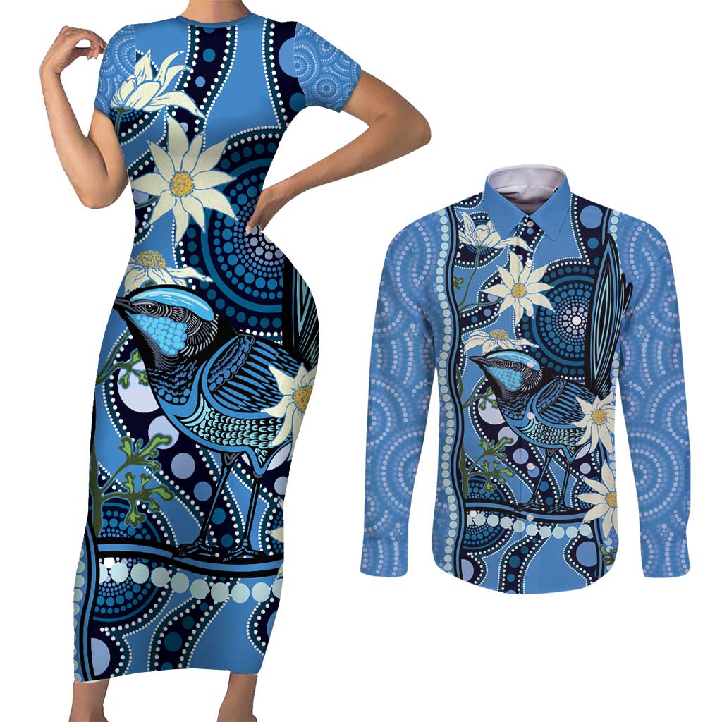 Australia Flannel Flower With Superb Fairy-wren Couples Matching Short Sleeve Bodycon Dress and Long Sleeve Button Shirt Aboriginal Art
