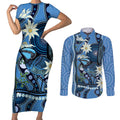 Australia Flannel Flower With Superb Fairy-wren Couples Matching Short Sleeve Bodycon Dress and Long Sleeve Button Shirt Aboriginal Art