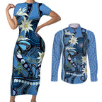 Australia Flannel Flower With Superb Fairy-wren Couples Matching Short Sleeve Bodycon Dress and Long Sleeve Button Shirt Aboriginal Art