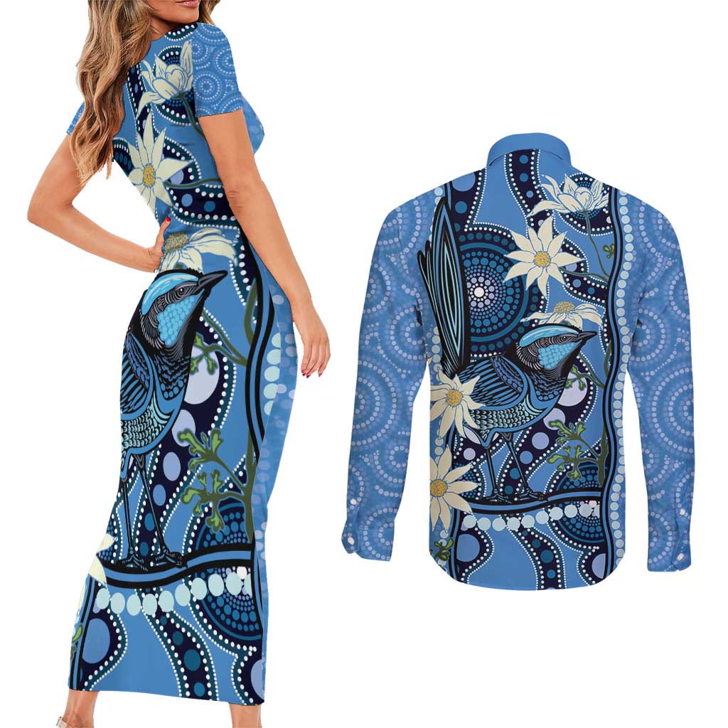 Australia Flannel Flower With Superb Fairy-wren Couples Matching Short Sleeve Bodycon Dress and Long Sleeve Button Shirt Aboriginal Art