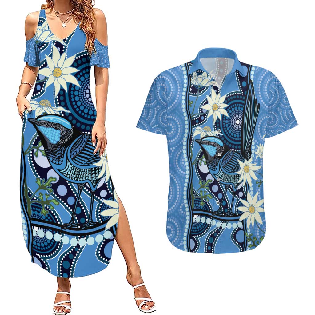 Australia Flannel Flower With Superb Fairy-wren Couples Matching Summer Maxi Dress and Hawaiian Shirt Aboriginal Art