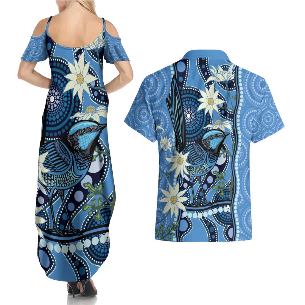 Australia Flannel Flower With Superb Fairy-wren Couples Matching Summer Maxi Dress and Hawaiian Shirt Aboriginal Art