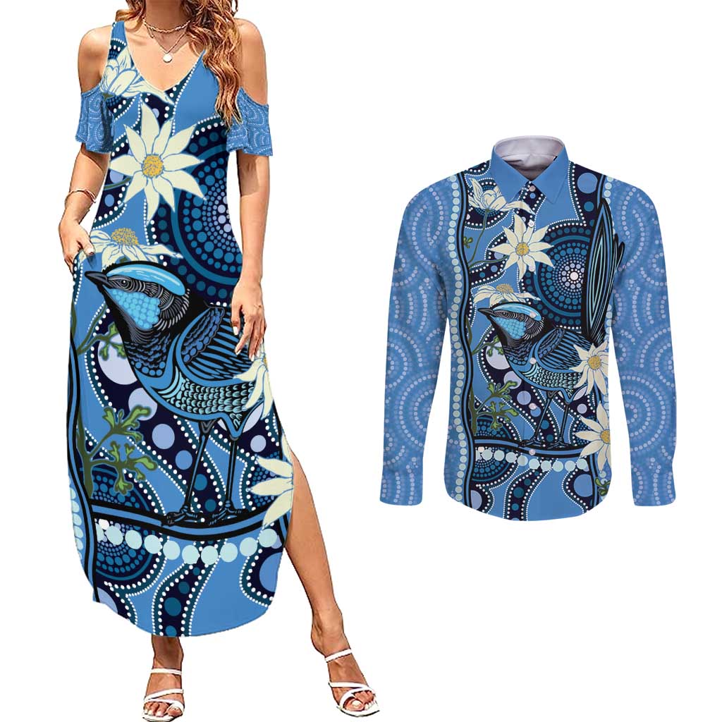 Australia Flannel Flower With Superb Fairy-wren Couples Matching Summer Maxi Dress and Long Sleeve Button Shirt Aboriginal Art