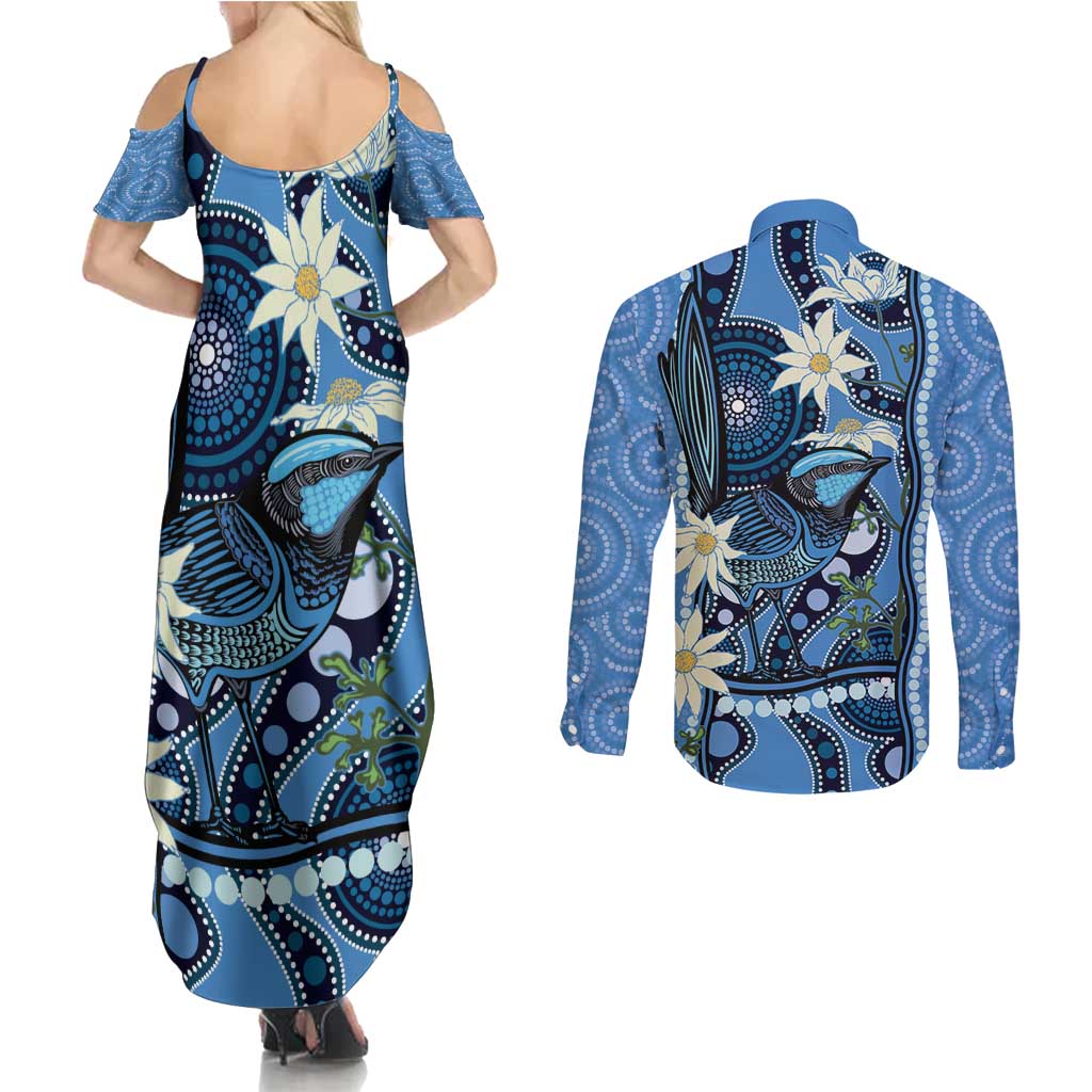 Australia Flannel Flower With Superb Fairy-wren Couples Matching Summer Maxi Dress and Long Sleeve Button Shirt Aboriginal Art