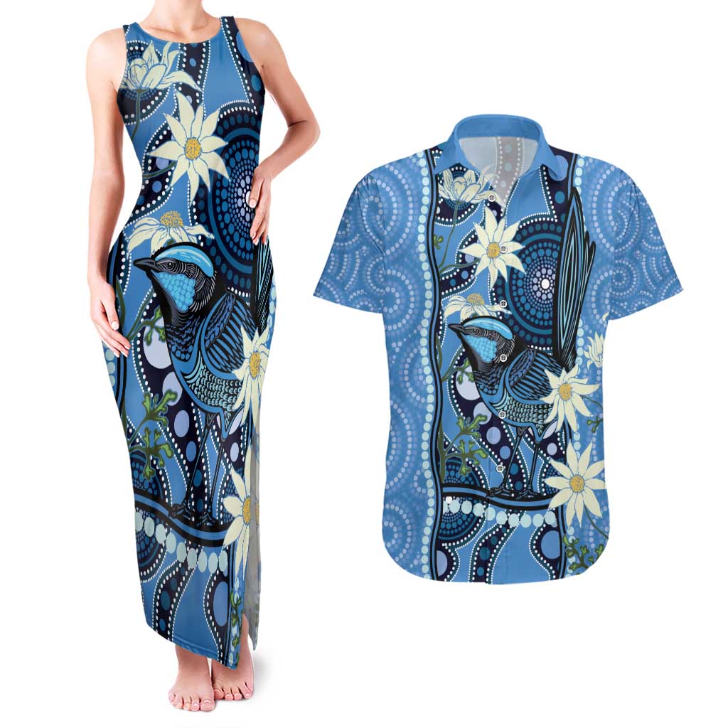 Australia Flannel Flower With Superb Fairy-wren Couples Matching Tank Maxi Dress and Hawaiian Shirt Aboriginal Art