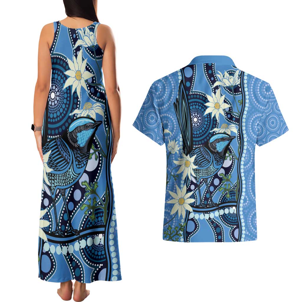 Australia Flannel Flower With Superb Fairy-wren Couples Matching Tank Maxi Dress and Hawaiian Shirt Aboriginal Art
