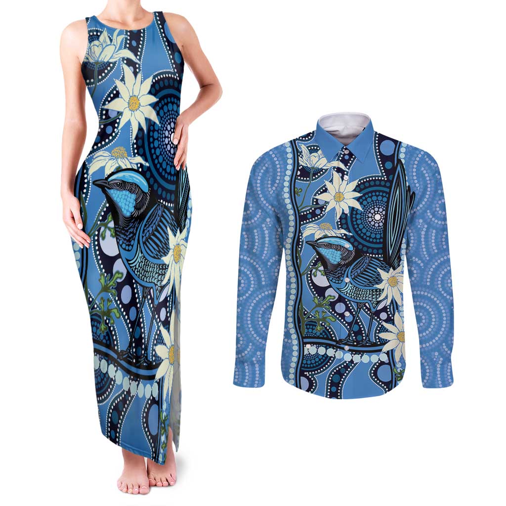 Australia Flannel Flower With Superb Fairy-wren Couples Matching Tank Maxi Dress and Long Sleeve Button Shirt Aboriginal Art