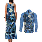 Australia Flannel Flower With Superb Fairy-wren Couples Matching Tank Maxi Dress and Long Sleeve Button Shirt Aboriginal Art