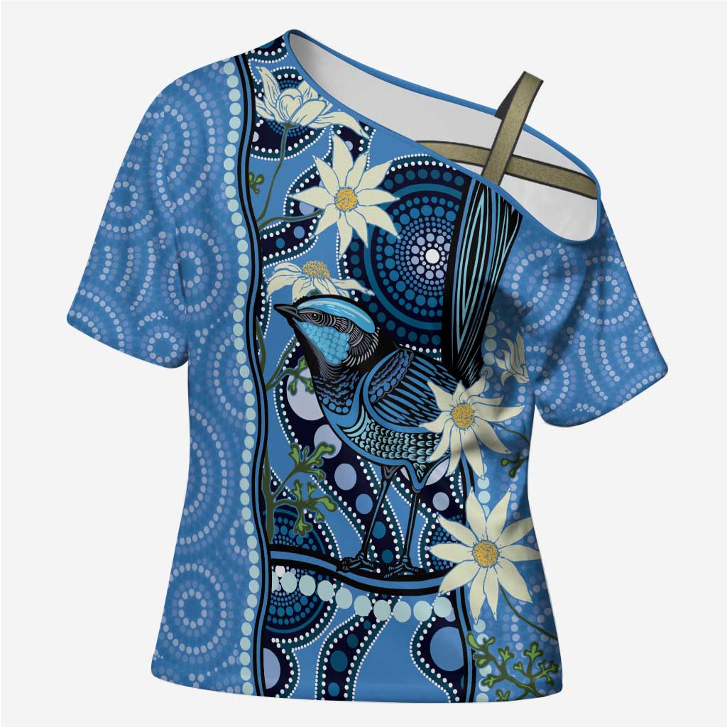 Australia Flannel Flower With Superb Fairy-wren Cross Shoulder Shirt Aboriginal Art - Aussie Hoodie