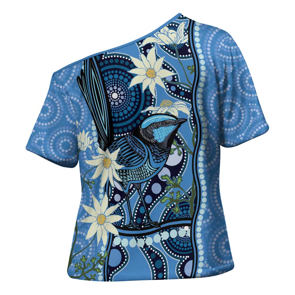 Australia Flannel Flower With Superb Fairy-wren Cross Shoulder Shirt Aboriginal Art - Aussie Hoodie