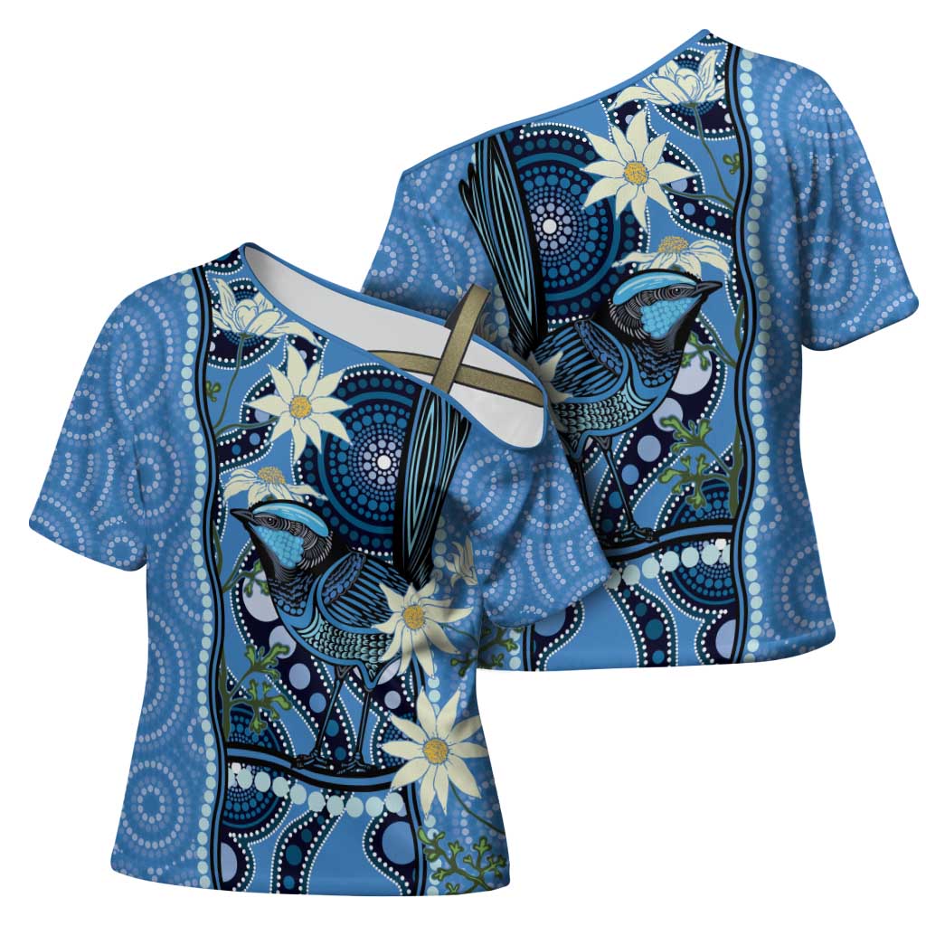 Australia Flannel Flower With Superb Fairy-wren Cross Shoulder Shirt Aboriginal Art - Aussie Hoodie