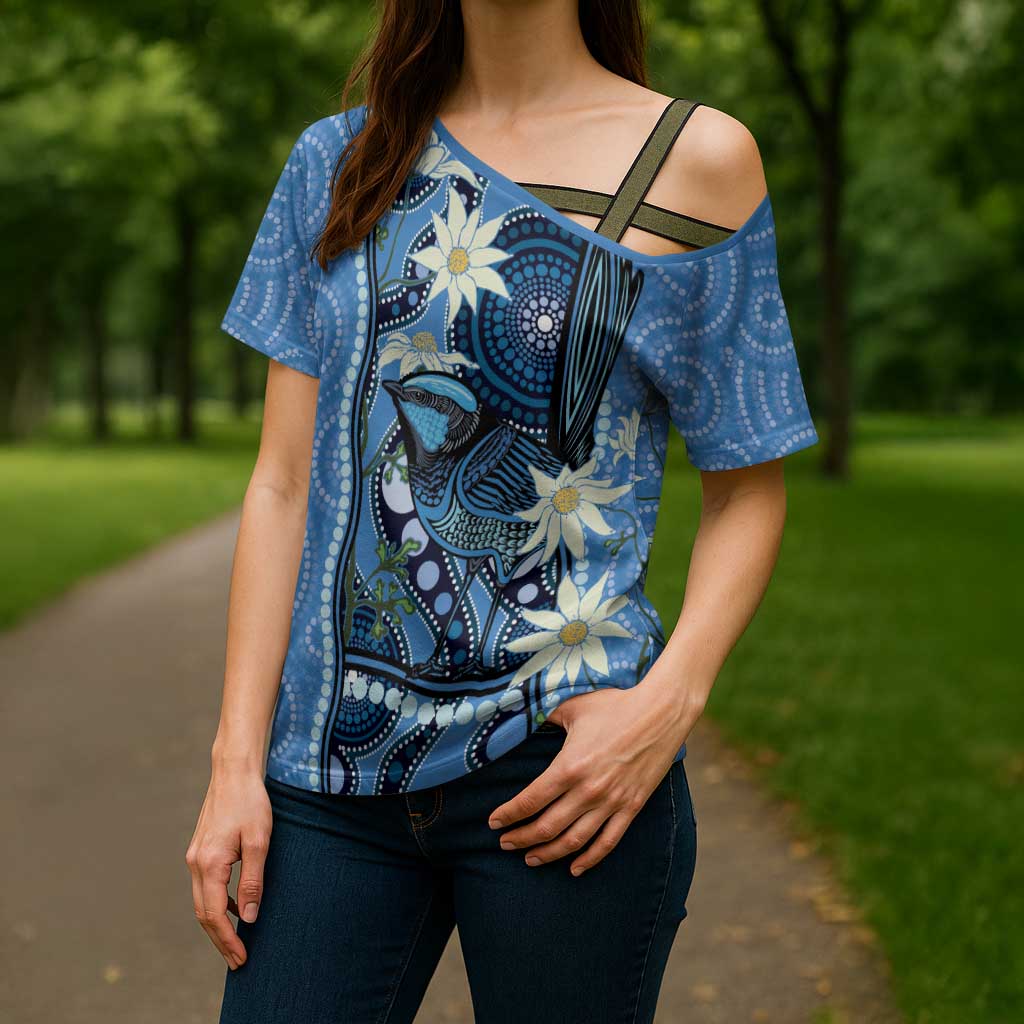 Australia Flannel Flower With Superb Fairy-wren Cross Shoulder Shirt Aboriginal Art - Aussie Hoodie