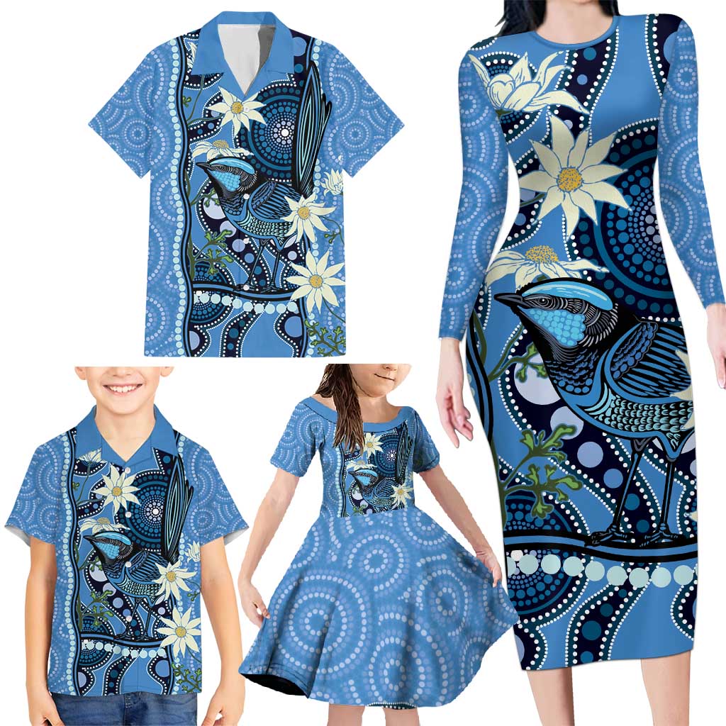 Australia Flannel Flower With Superb Fairy-wren Family Matching Long Sleeve Bodycon Dress and Hawaiian Shirt Aboriginal Art