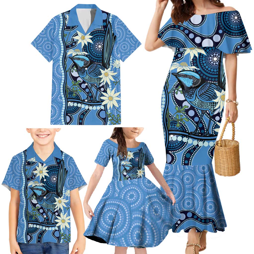 Australia Flannel Flower With Superb Fairy-wren Family Matching Mermaid Dress and Hawaiian Shirt Aboriginal Art