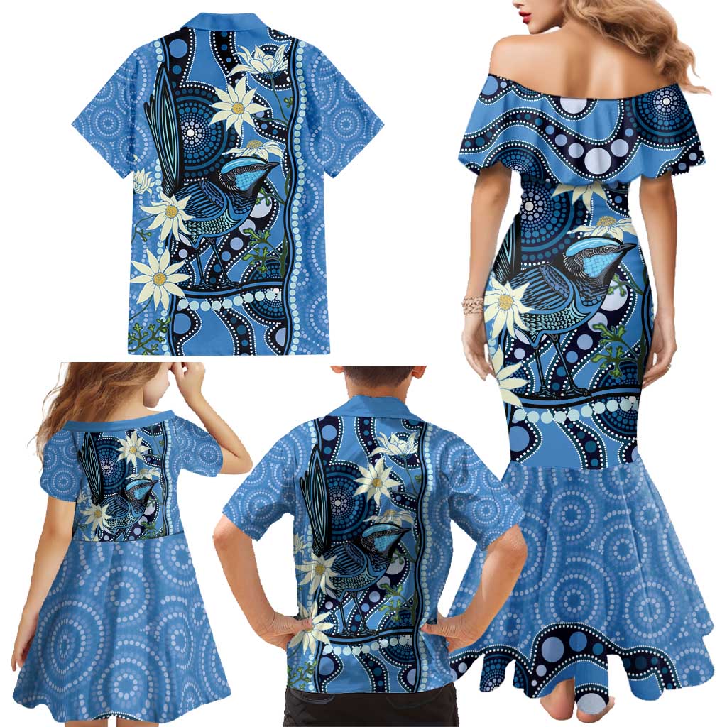 Australia Flannel Flower With Superb Fairy-wren Family Matching Mermaid Dress and Hawaiian Shirt Aboriginal Art