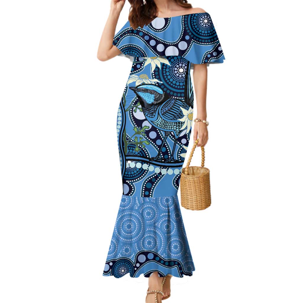 Australia Flannel Flower With Superb Fairy-wren Family Matching Mermaid Dress and Hawaiian Shirt Aboriginal Art