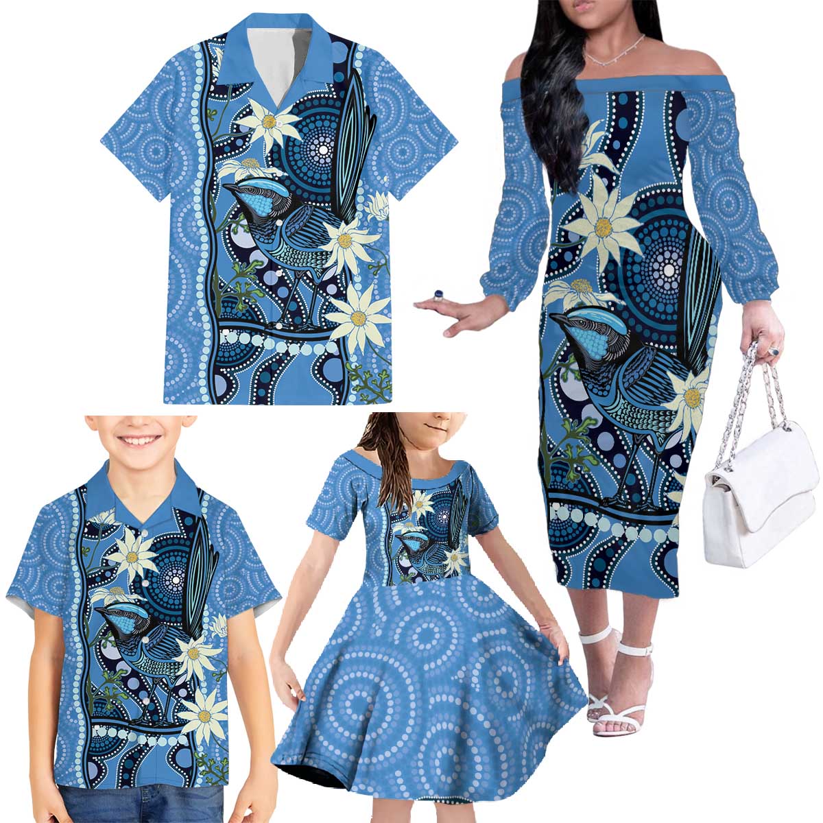 Australia Flannel Flower With Superb Fairy-wren Family Matching Off The Shoulder Long Sleeve Dress and Hawaiian Shirt Aboriginal Art