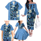 Australia Flannel Flower With Superb Fairy-wren Family Matching Off The Shoulder Long Sleeve Dress and Hawaiian Shirt Aboriginal Art