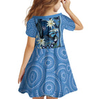 Australia Flannel Flower With Superb Fairy-wren Family Matching Off The Shoulder Long Sleeve Dress and Hawaiian Shirt Aboriginal Art