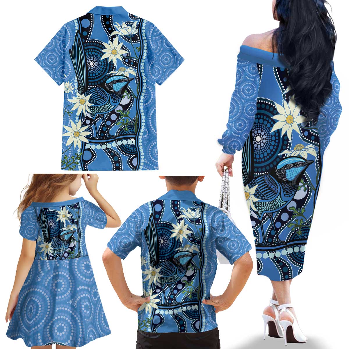Australia Flannel Flower With Superb Fairy-wren Family Matching Off The Shoulder Long Sleeve Dress and Hawaiian Shirt Aboriginal Art