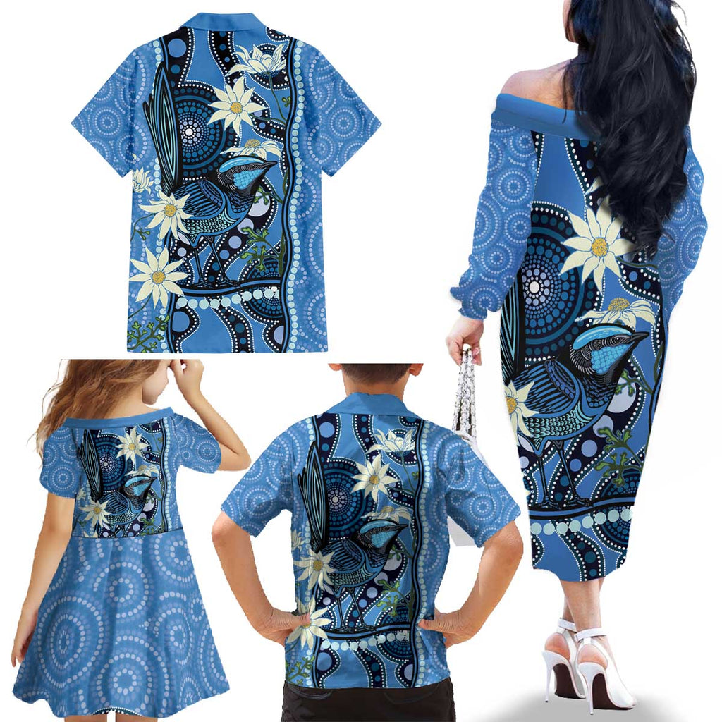 Australia Flannel Flower With Superb Fairy-wren Family Matching Off The Shoulder Long Sleeve Dress and Hawaiian Shirt Aboriginal Art