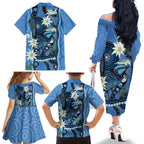 Australia Flannel Flower With Superb Fairy-wren Family Matching Off The Shoulder Long Sleeve Dress and Hawaiian Shirt Aboriginal Art