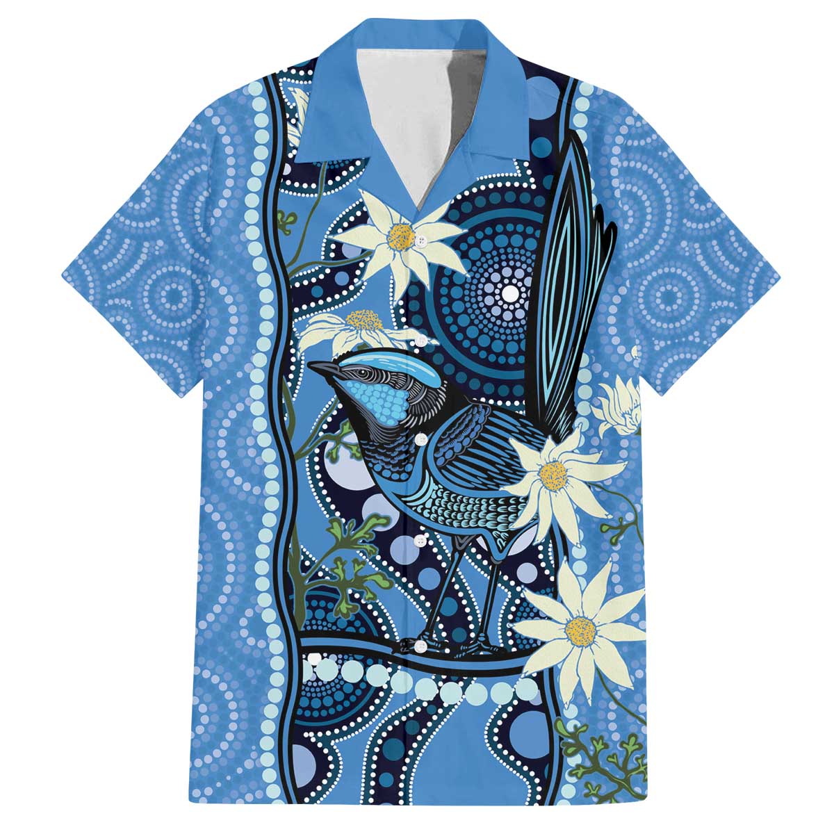 Australia Flannel Flower With Superb Fairy-wren Family Matching Off The Shoulder Long Sleeve Dress and Hawaiian Shirt Aboriginal Art