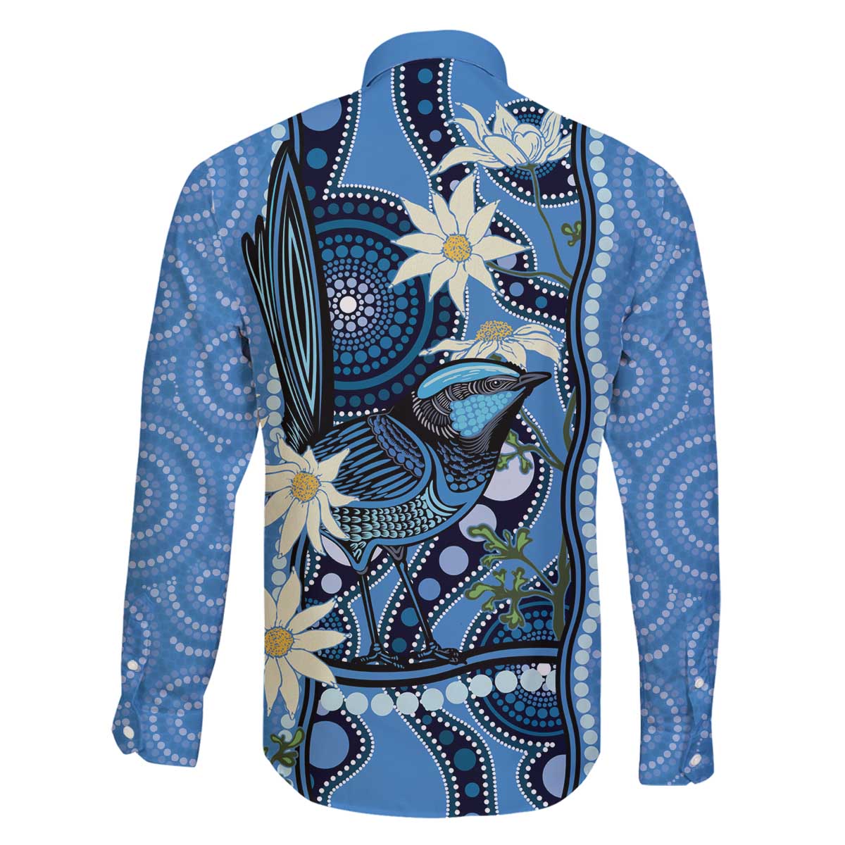 Australia Flannel Flower With Superb Fairy-wren Family Matching Off The Shoulder Long Sleeve Dress and Hawaiian Shirt Aboriginal Art